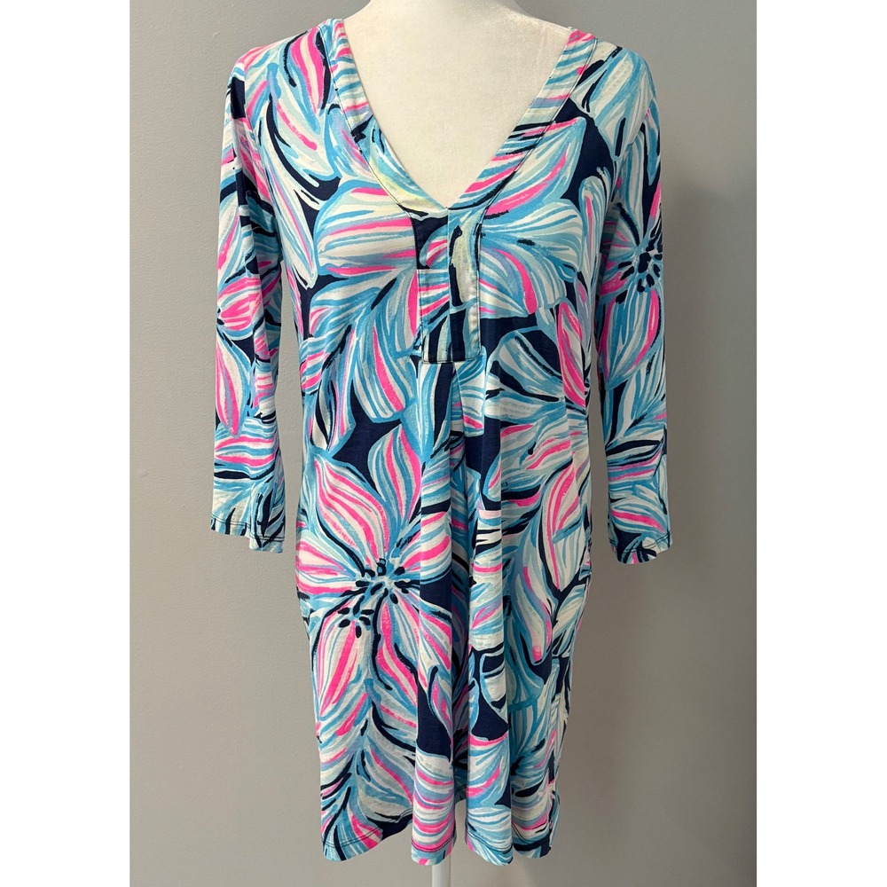 Lilly‎ Pulitzer Womens Amina High Tide Dress Size Small V-Neck 3/4 Sleeve Floral